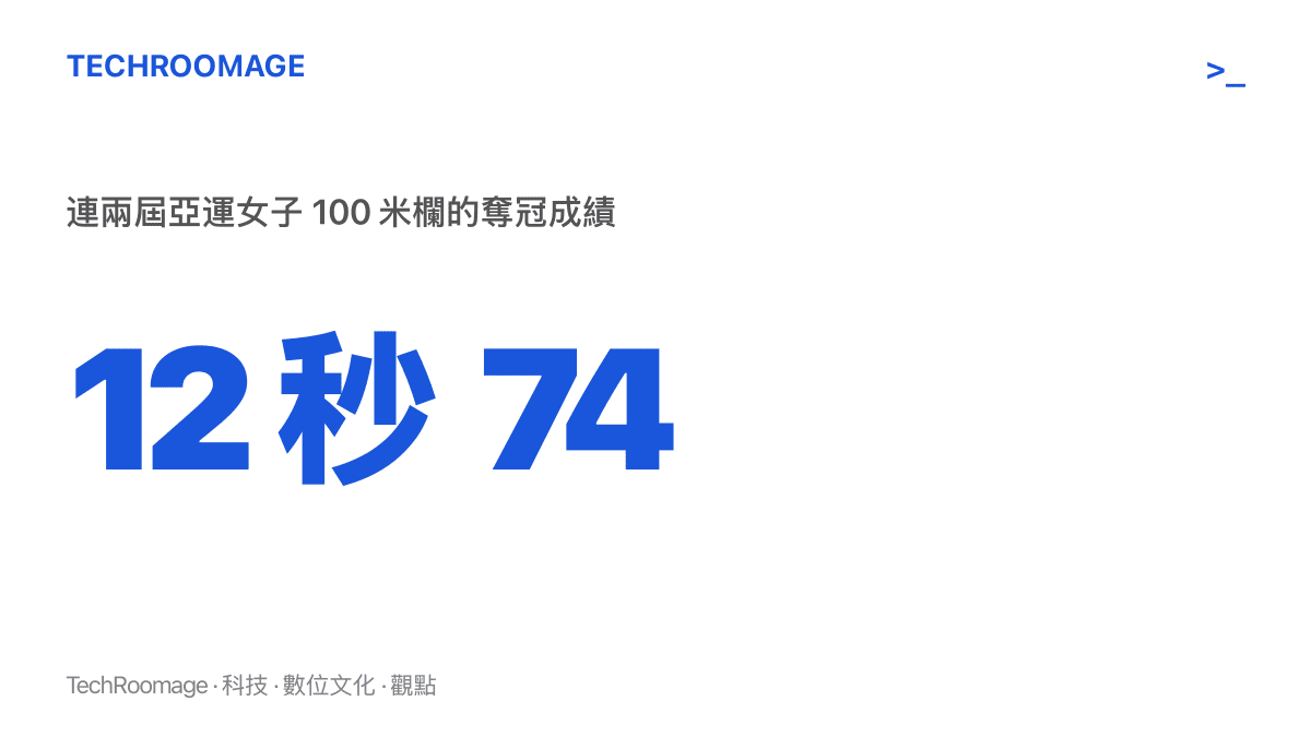 統計圖卡呈現 12 秒 74 這個數字連續兩屆亞運都是女子 100 米欄的金牌成績，2023 年杭州由林雨薇跑出，2026 年名古屋由日本選手福部真子跑出