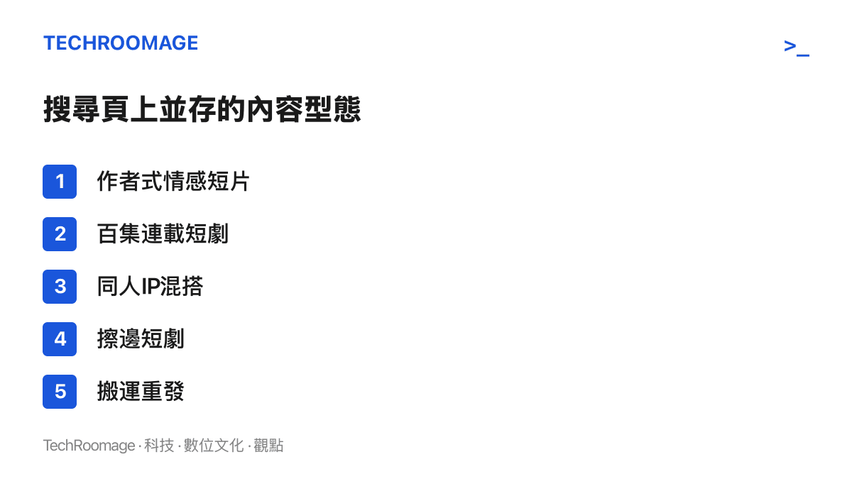 清單圖卡列舉AI短片搜尋頁上並存的五種內容型態：情感短片、連載短劇、同人混搭、擦邊短劇與搬運重發