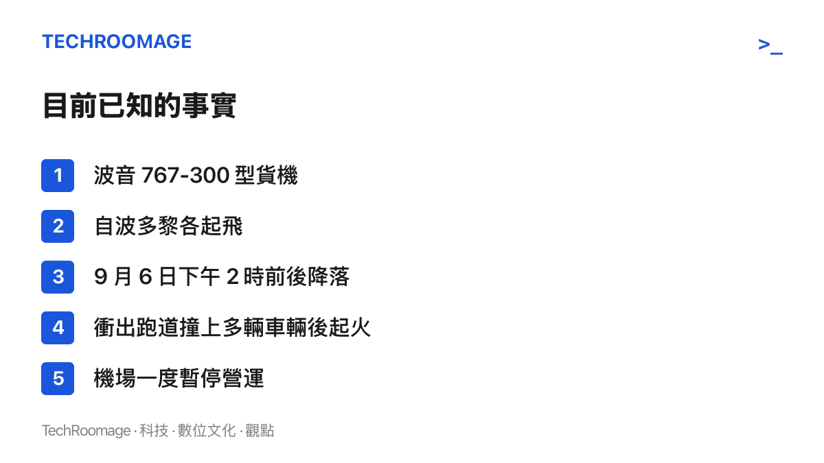 清單圖卡列點整理邁阿密貨機事故的五項已知要點，涵蓋機型、出發地、事發時間、撞擊起火情形與機場暫停營運