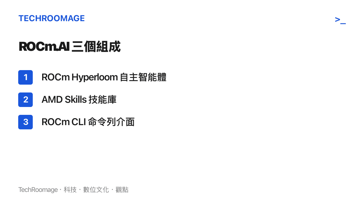ROCm.AI 的三個組成部分：ROCm Hyperloom 自主智慧體系統、AMD Skills 技能庫與 ROCm CLI 命令列介面