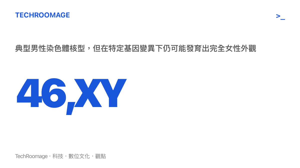 呈現46,XY染色體核型的數據，說明即使帶有此染色體，在特定生理條件下個體仍會表現出女性生理特徵。