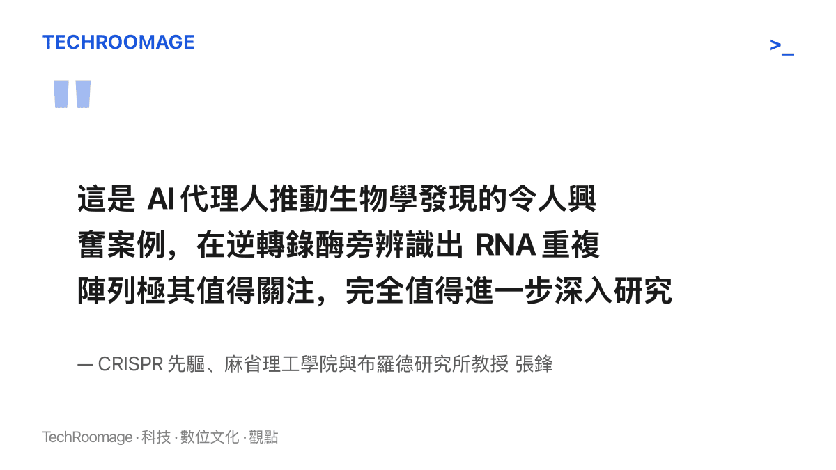 引述張鋒審閱預印本後的評語，肯定 AI 代理人在逆轉錄酶旁辨識出 RNA 重複陣列，值得深入研究的價值