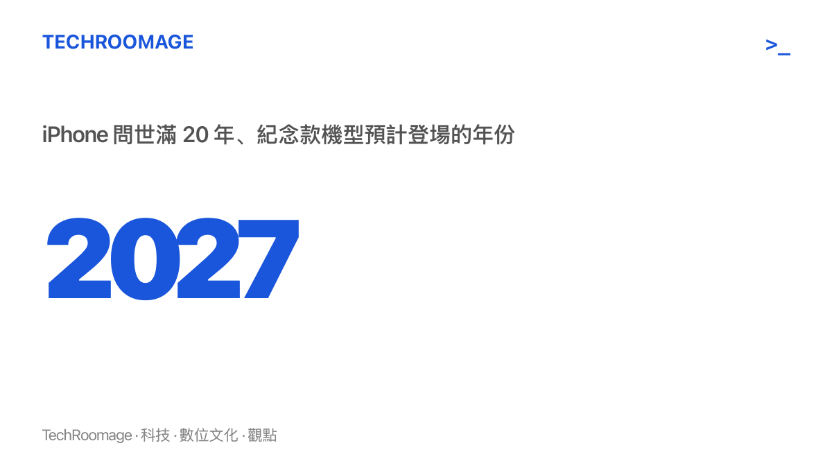 數值 2027 標示 iPhone 自 2007 年問世滿二十週年、紀念款機型預計現身的年份