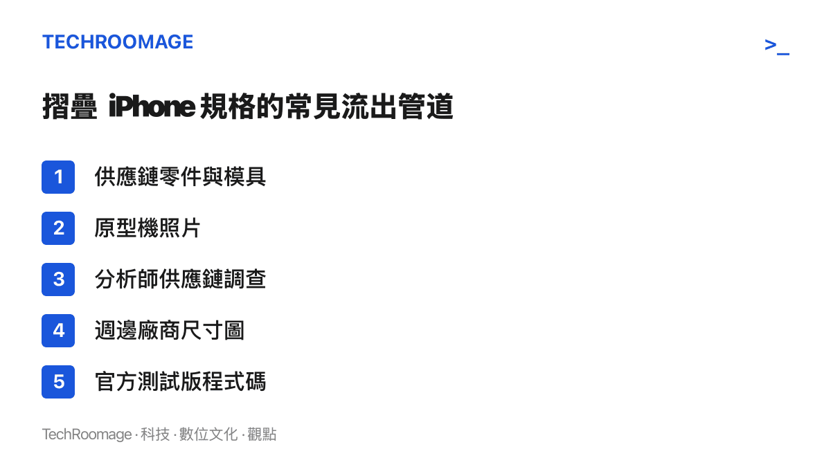 清單圖卡列出摺疊 iPhone 規格在發表會前流出的五種管道，包括供應鏈零件與模具、原型機照片、分析師供應鏈調查、週邊廠商尺寸圖與官方測試版程式碼
