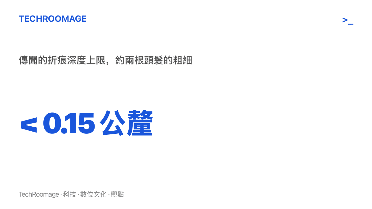 統計圖呈現爆料指摺疊 iPhone 的折痕深度將壓在 0.15 公釐以下，大約是兩根頭髮的粗細，肉眼幾乎難以察覺