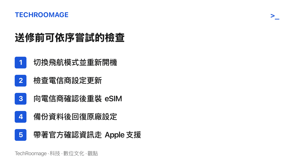 整理送修前可依序嘗試的五個步驟，從切換飛航模式重新開機、檢查電信商設定更新、確認後重裝 eSIM、備份回復原廠設定，到聯繫 Apple 支援或授權維修