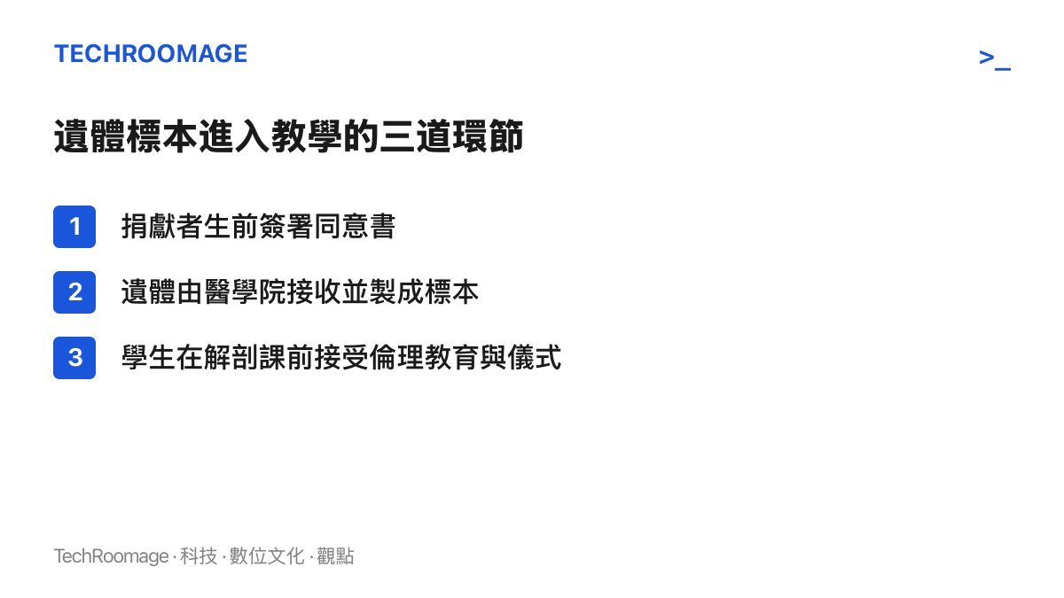 清單列出遺體從捐獻同意、標本製作到學生倫理教育的三個依序環節