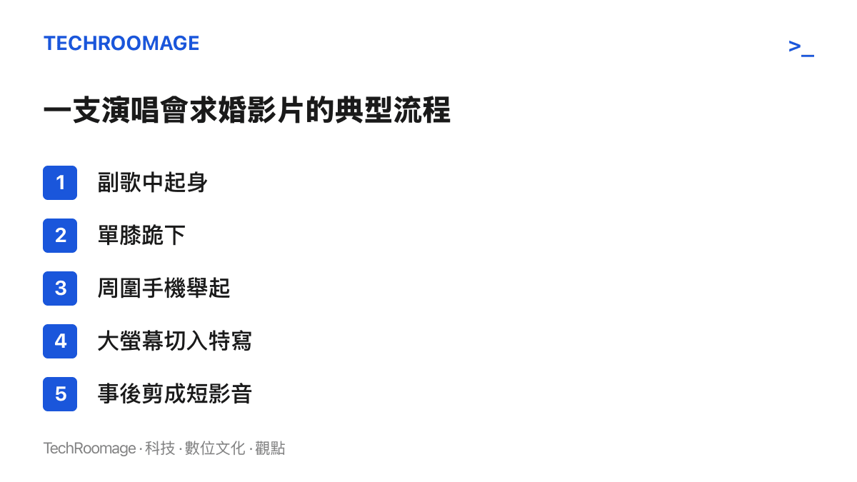清單圖列出演唱會求婚從副歌中起身、單膝跪下、周圍觀眾舉起手機、大螢幕切入特寫到事後剪成短影音的五個典型環節