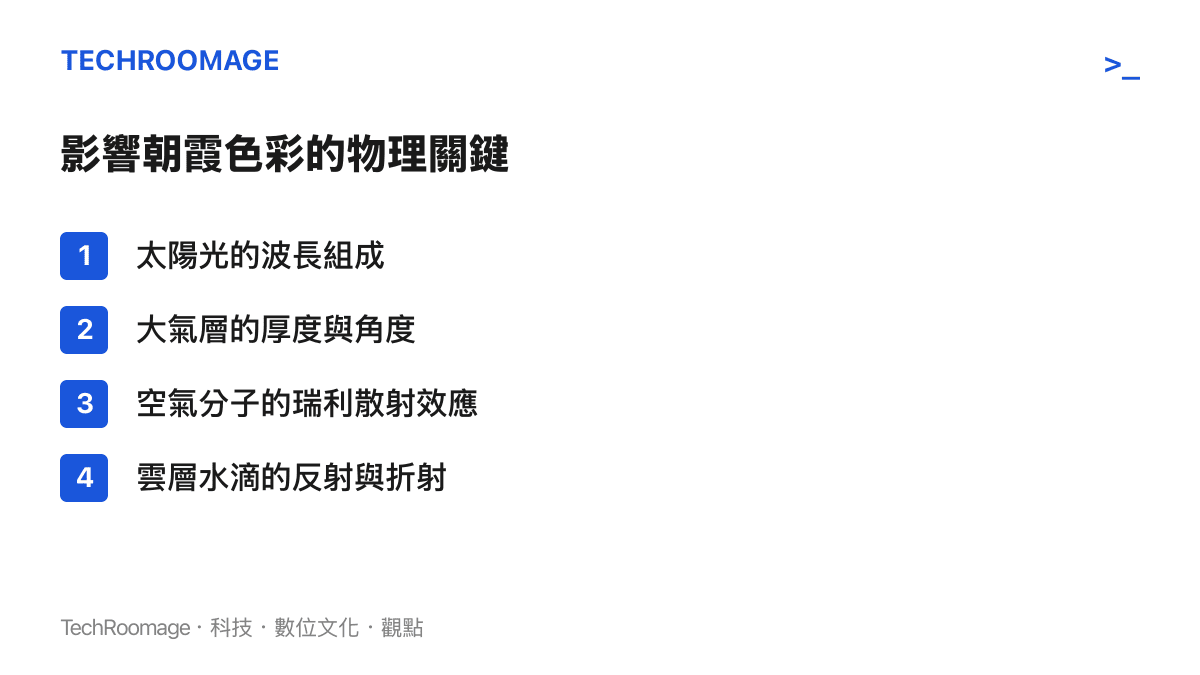 解釋朝霞色彩形成原理的四大物理因素清單，包含太陽光波長、大氣厚度、散射效應與雲層折射