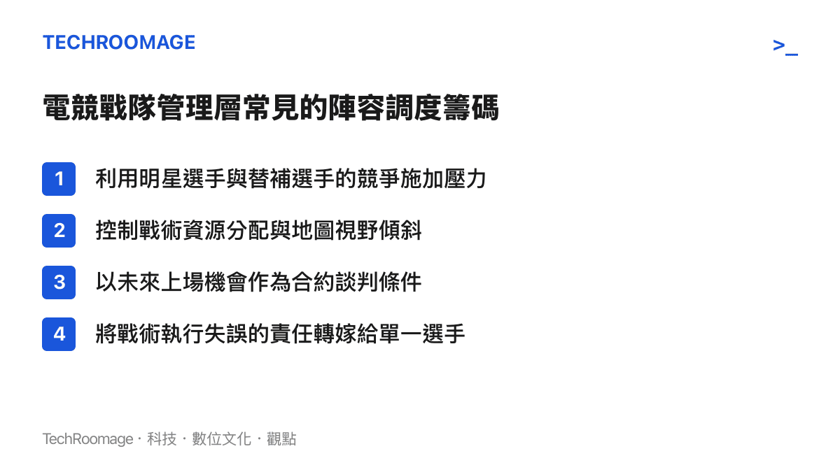 列舉四項電競戰隊管理層在面對選手時，經常使用的陣容調度與戰術資源控制手段