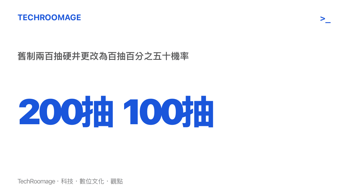 對比圖卡呈現蔚藍檔案舊制兩百抽必得機制，與新制一百抽百分之五十機率的數值差異