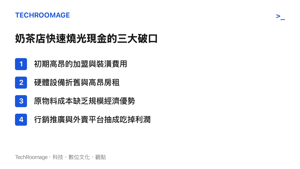 列出奶茶店快速消耗資金的四個主要項目，包含加盟裝潢、硬體房租、物料成本與行銷抽成