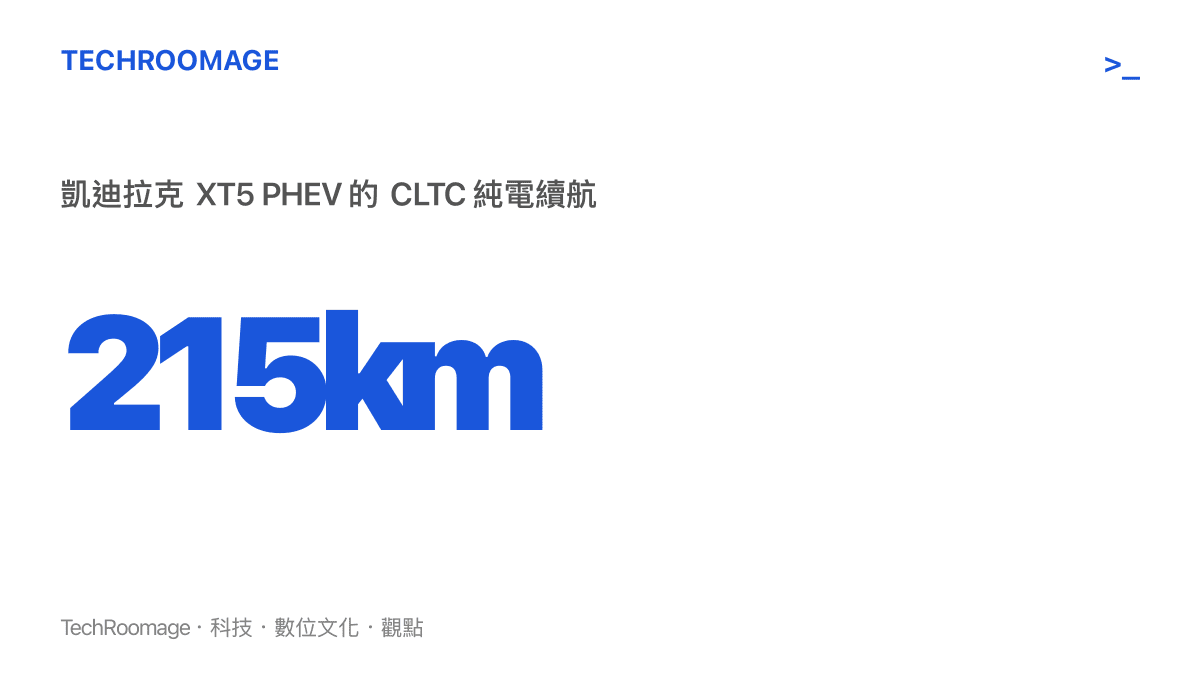 圖卡呈現凱迪拉克 XT5 PHEV 在 CLTC 標準下的純電續航裏程為 215 公裏，搭配容量 35.5kWh 的奧特能 5C 三元鋰電池