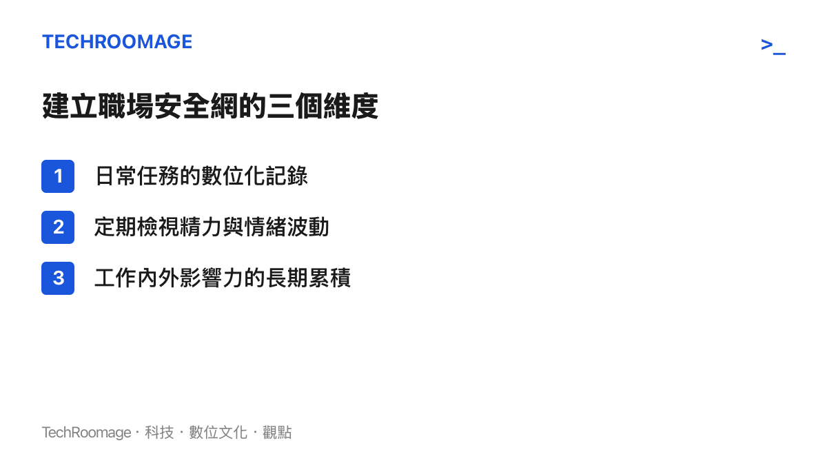 以清單圖卡呈現建立職場安全網的三個維度，包含任務記錄、情緒檢視與影響力累積。