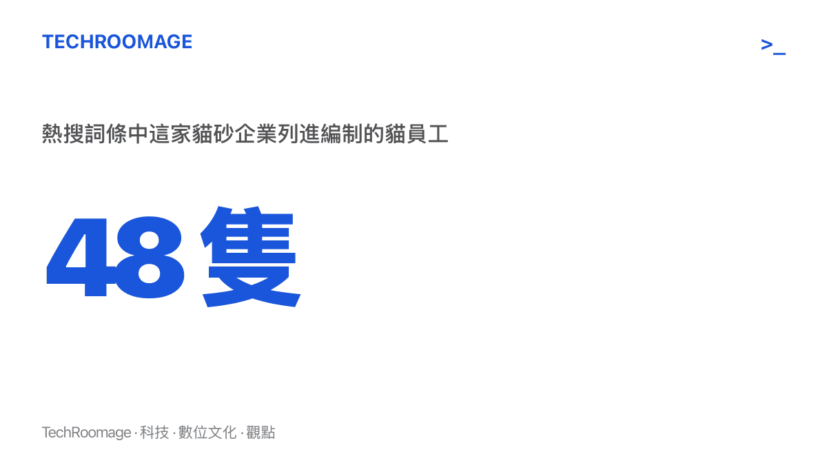 統計圖卡呈現這次登上微博熱搜的貓砂企業，共將四十八隻貓列為公司編制內的貓員工