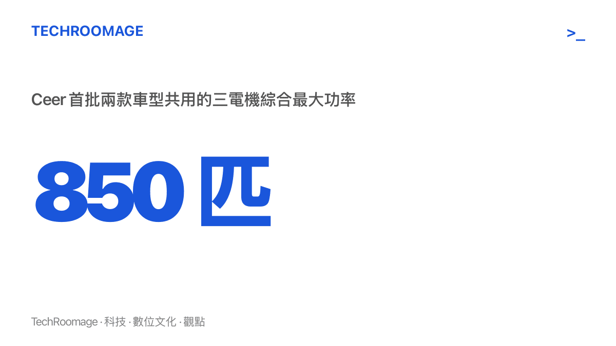 統計圖卡呈現 Ceer 首批轎車與 SUV 共用的三電機綜合最大功率為 850 匹馬力