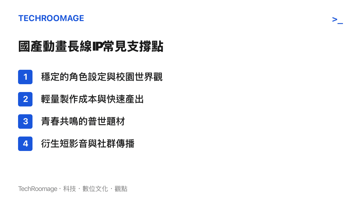 國產動畫IP能延續多季的常見支撐因素清單，涵蓋世界觀、成本、題材與傳播管道