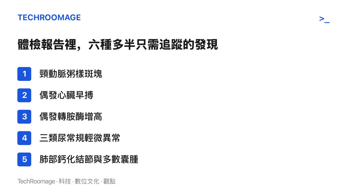 清單列出體檢報告中六種多半不需治療的發現：頸動脈粥樣斑塊、偶發心臟早搏、偶發轉胺酶增高、三類尿常規輕微異常，以及肺部鈣化結節與多數囊腫