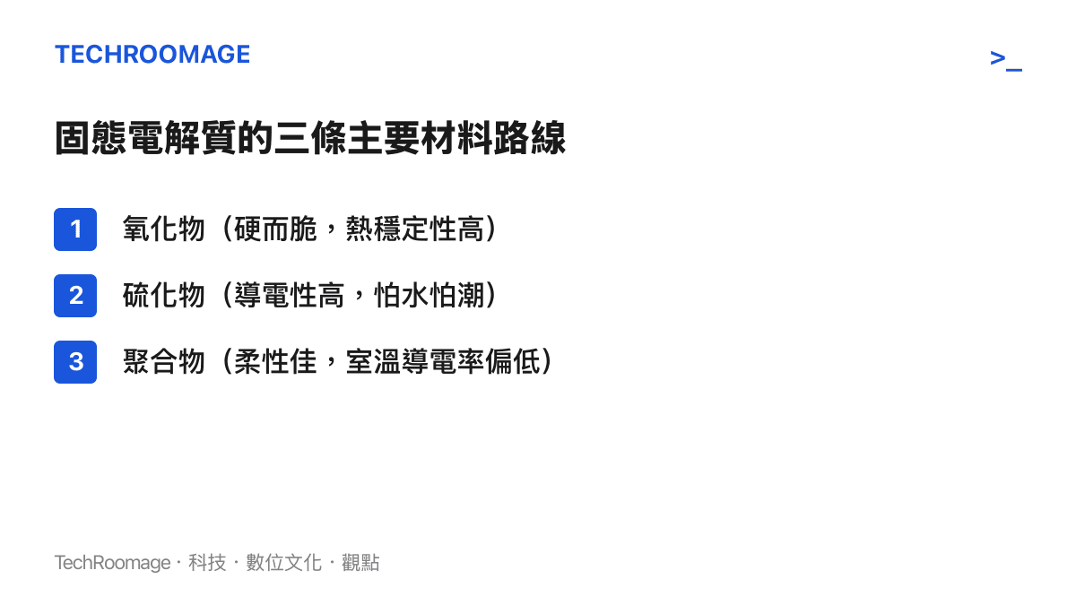 固態電解質三種主要材料路線比較，氧化物硫化物與聚合物特性示意圖