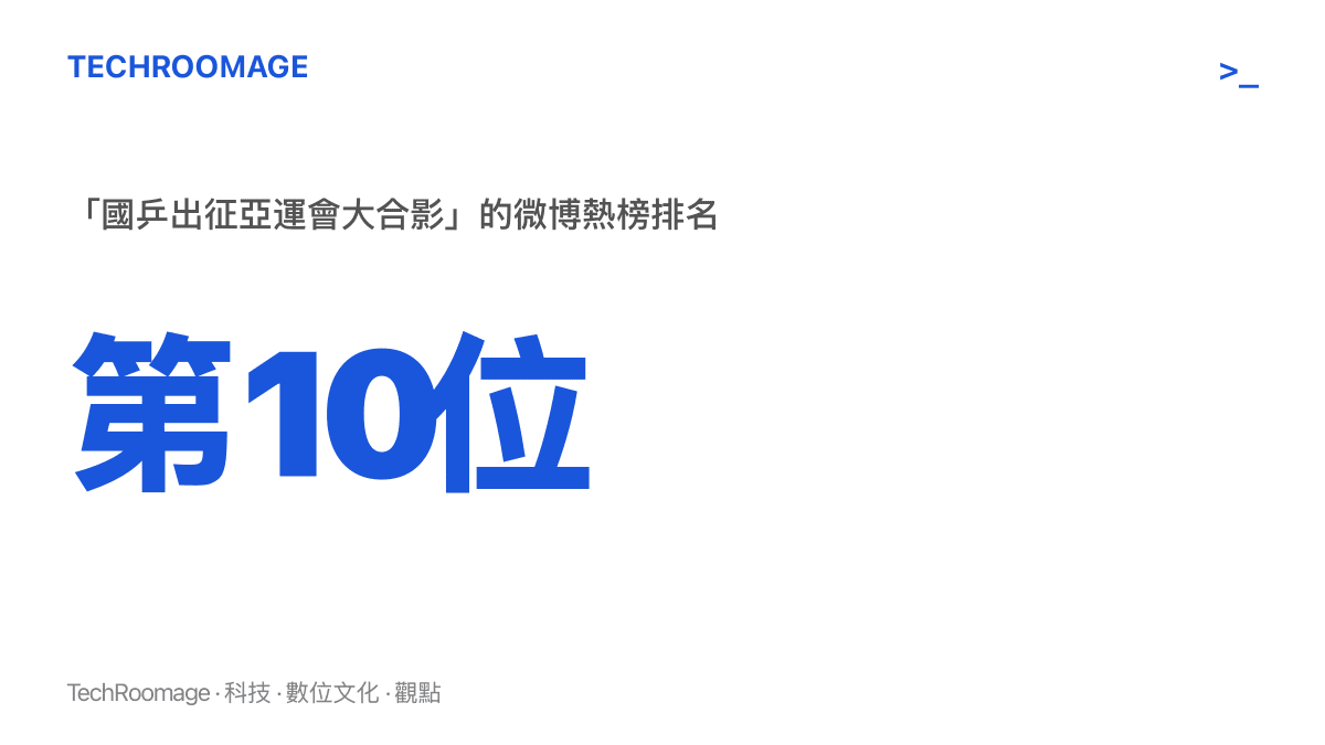 統計圖卡呈現國乒出徵亞運大合影詞條登上微博熱榜第十位，顯示這張開賽前照片的關注規模