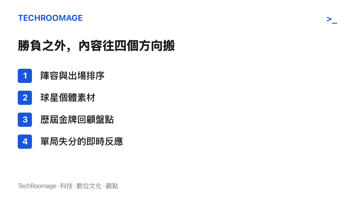 清單圖卡列出國乒女團賽事內容的四個流動方向：陣容出場排序、球星個體素材、歷屆金牌回顧盤點，以及單局失分引發的即時反應