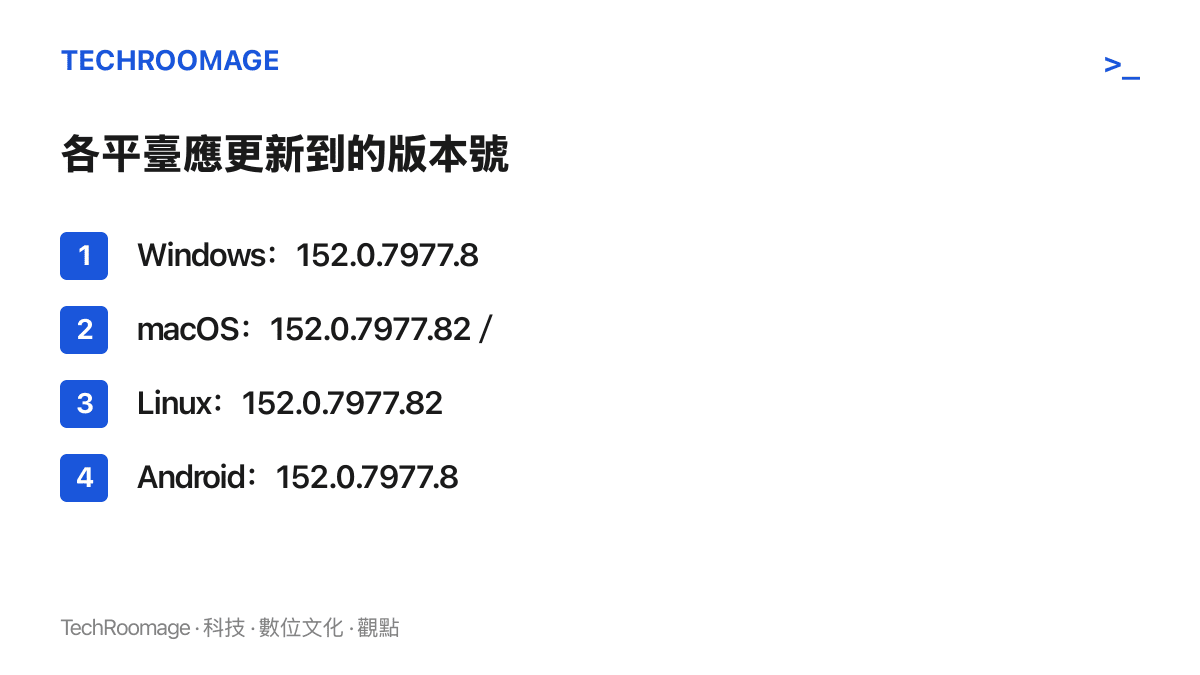 清單圖卡列出 Windows、macOS、Linux、Android 四個平臺的 Chrome 應更新版本號，全部從 152.0.7977.82 起跳