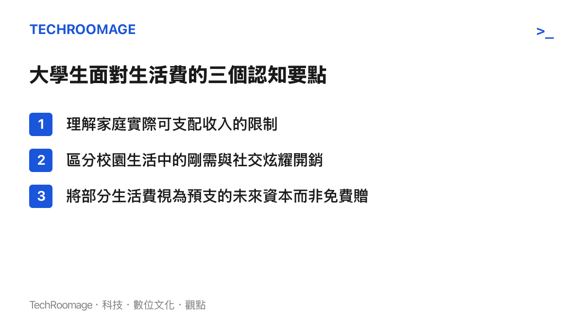 列舉大學生面對生活費時應具備的三個認知要點包含理解收入限制區分開銷性質與預期未來回報
