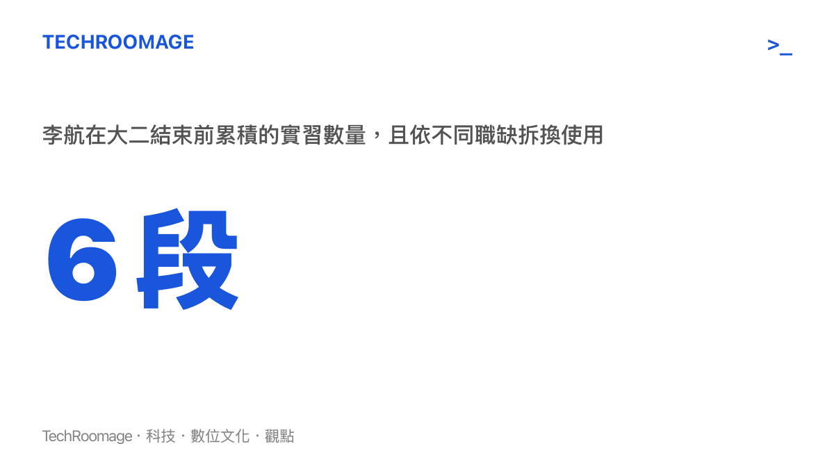 統計圖呈現一名大學生在大二結束前已累積六段實習經歷，並依據投遞的職缺性質拆換使用不同段落