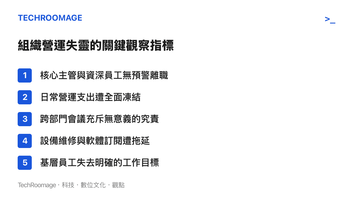 圖卡列舉出六項判斷企業營運是否失靈的關鍵指標，包含核心員工離職與支出凍結等具體現象。