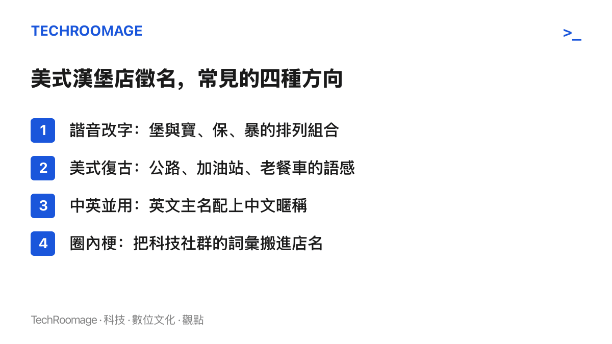圖卡列出美式漢堡店徵名常見的四種方向：諧音改字、美式復古語感、中英並用與圈內梗改編