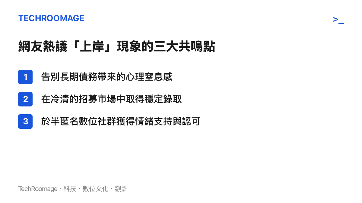 清單圖卡列出酷安網友對於還清負債與成功求職上岸現象的三大主要共鳴重點