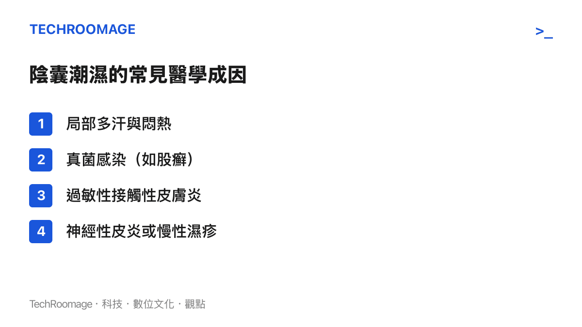 列出陰囊潮濕在醫學上常見的四種主要成因，凸顯未經診斷亂服藥的風險