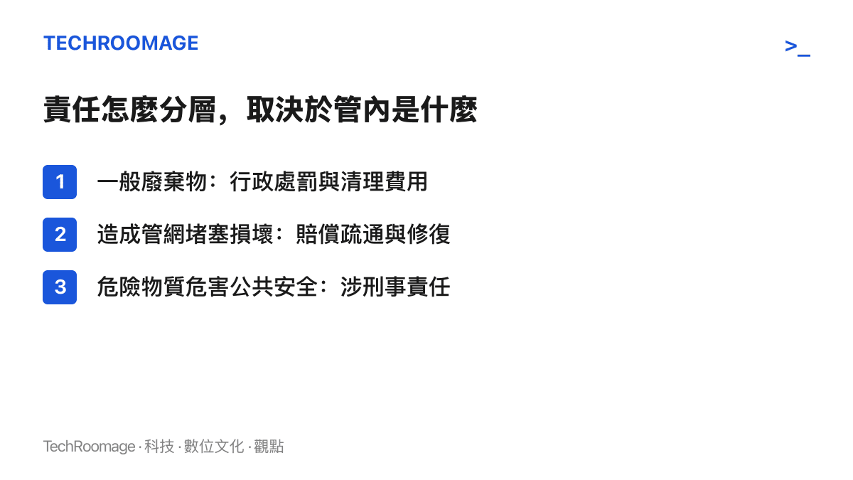 清單圖卡列出向雨水井塞入異物可能對應的三種責任層次，從一般廢棄物的行政處罰，到管網堵塞的賠償，再到涉危險物質時的刑事責任