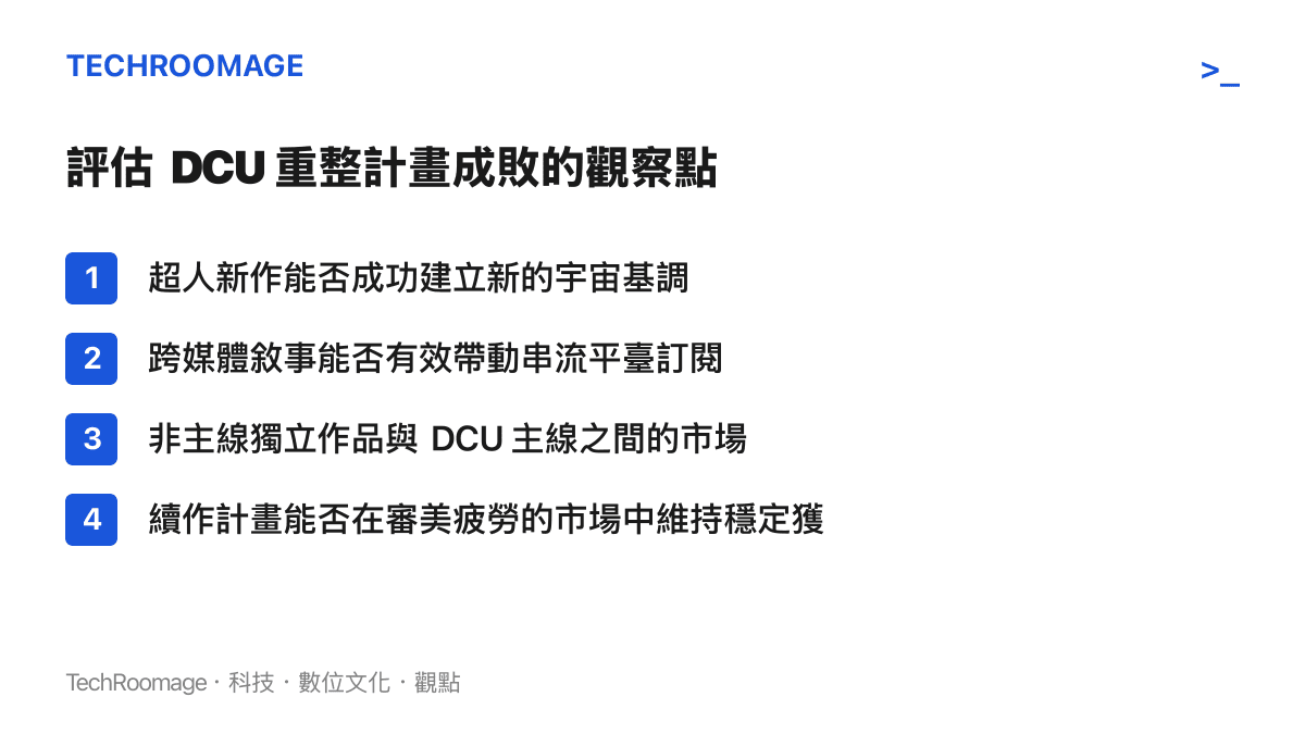 清單列出評估 DC 電影宇宙重整計畫成敗的四個關鍵觀察點，包含超人新作基調、跨媒體敘事與市場區隔