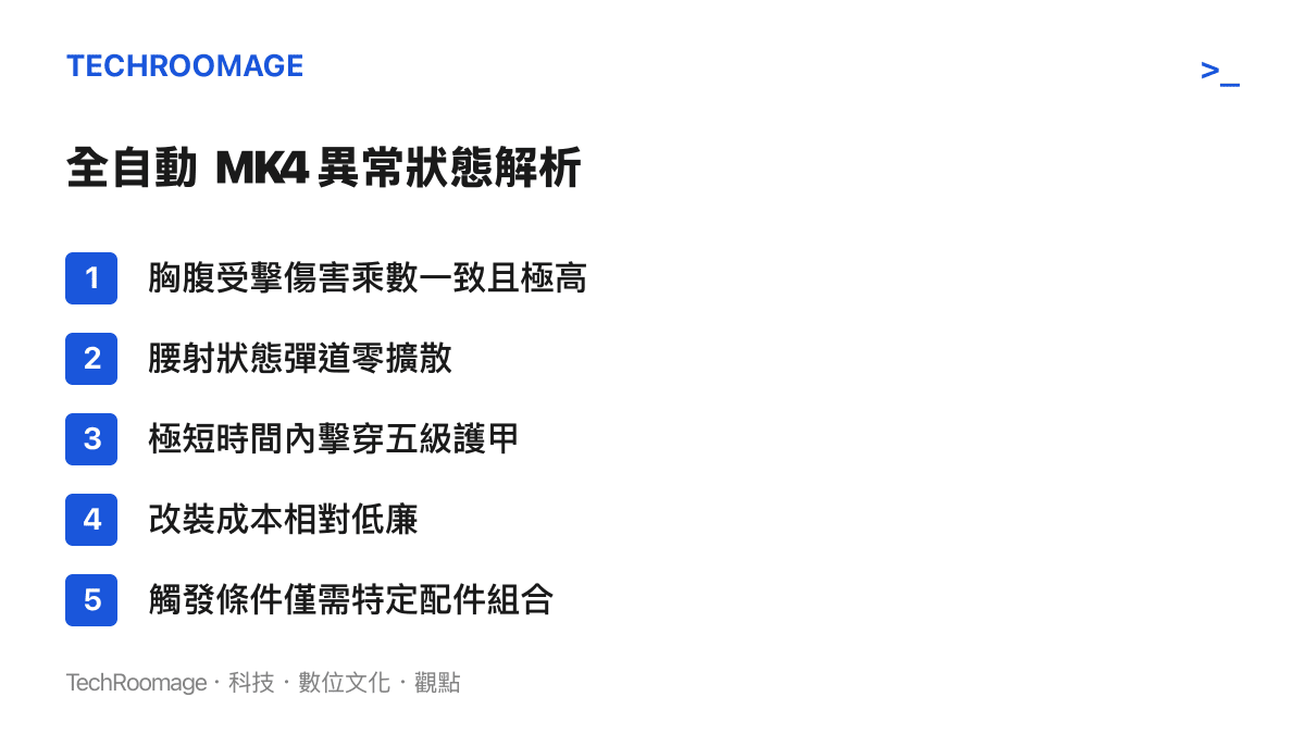 清單列舉全自動 MK4 衝鋒槍在遊戲中的五項異常數據表現