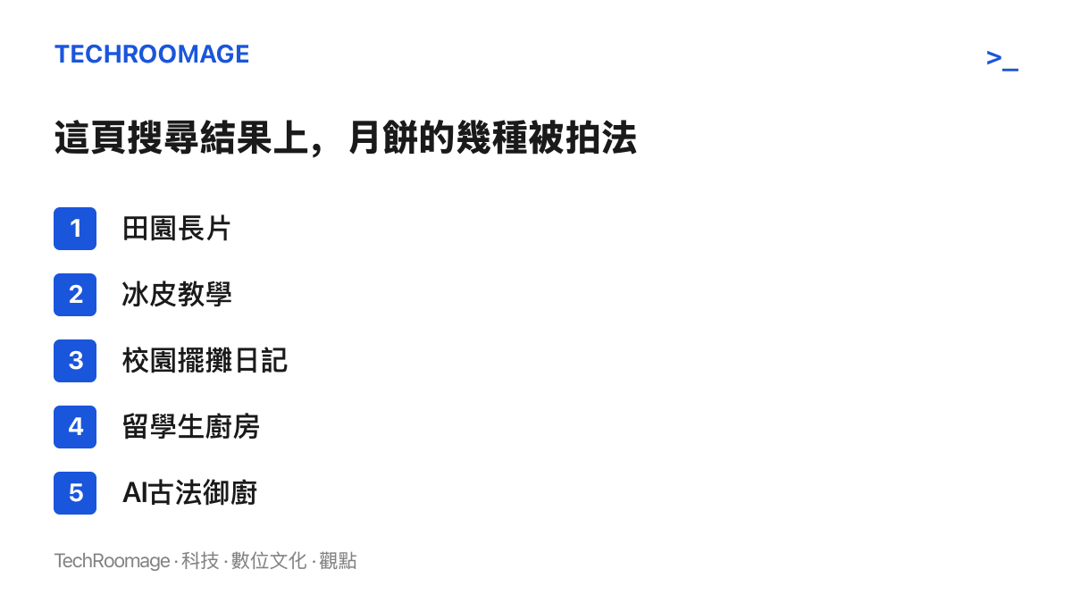 清單列出自製月餅搜尋結果頁上並存的多種內容形態，包括田園長片、冰皮教學、校園擺攤日記、留學生廚房與AI生成的古法御廚影片