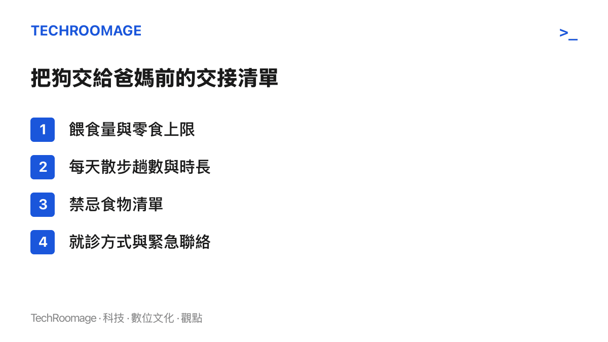 清單圖卡列出把狗交給爸媽照顧前的四項交接事項：餵食量與零食上限、每天散步趟數與時長、禁忌食物清單，以及就診方式與緊急聯絡