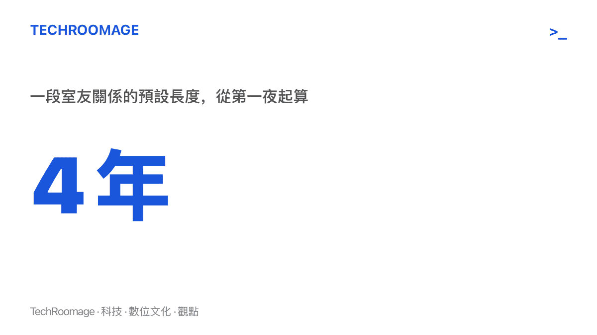數字 4 年代表大學室友關係的預設長度，從第一夜這一天開始起算