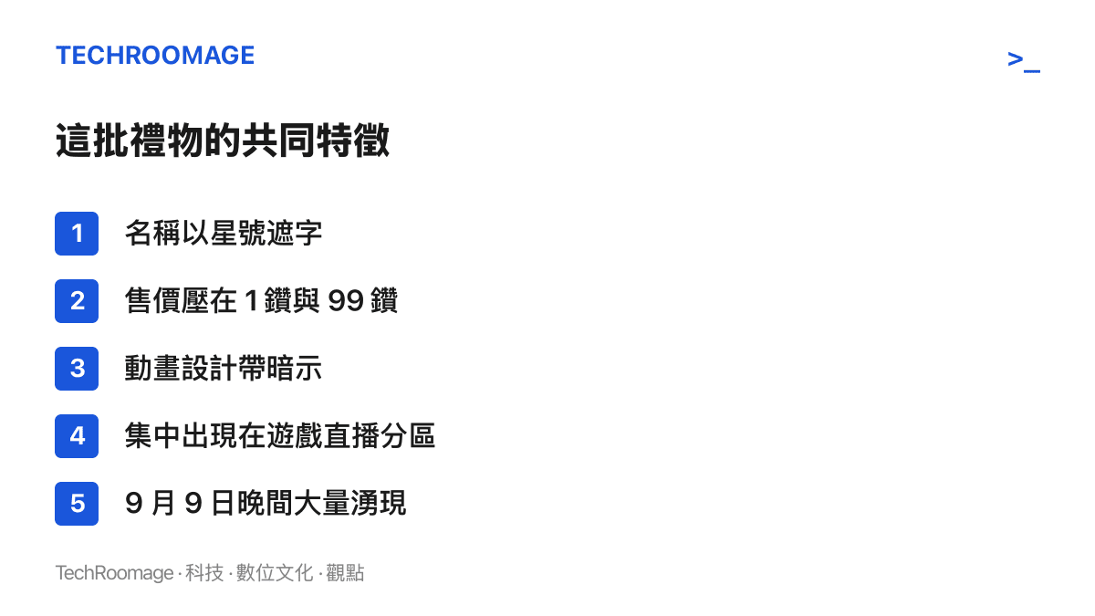 清單圖卡列出抖音這批爭議禮物的五個共同特徵，包括星號遮蔽的名稱、低廉售價、暗示性動畫與遊戲直播分區的出現位置