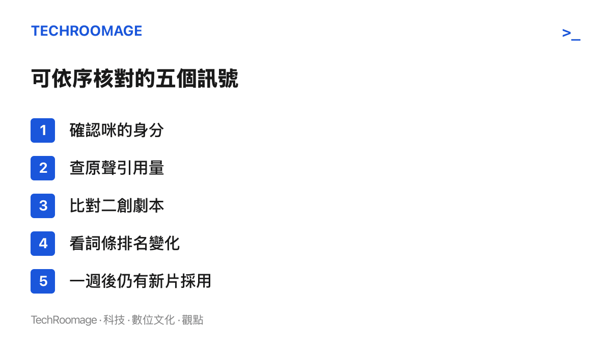 清單列出判讀這則熱榜詞條的五個核對步驟：確認咪的身分、查原聲引用量、比對二創劇本、看詞條排名變化，以及一週後仍有新片採用才算模板成立