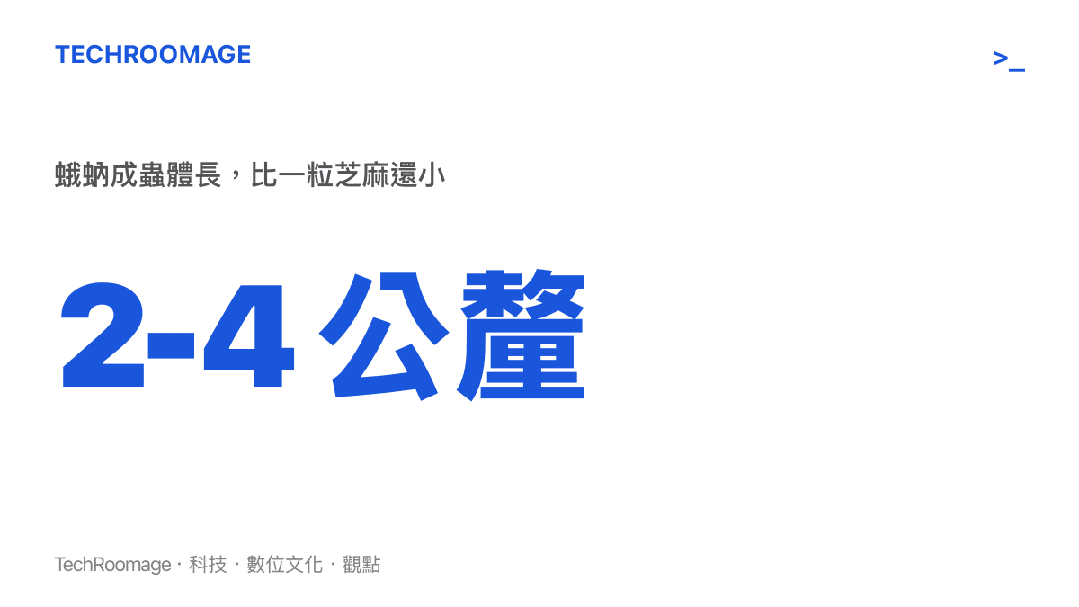 圖卡呈現蛾蚋成蟲體長約2至4公釐，尺寸接近一粒芝麻，是住家浴室最常見的小飛蟲