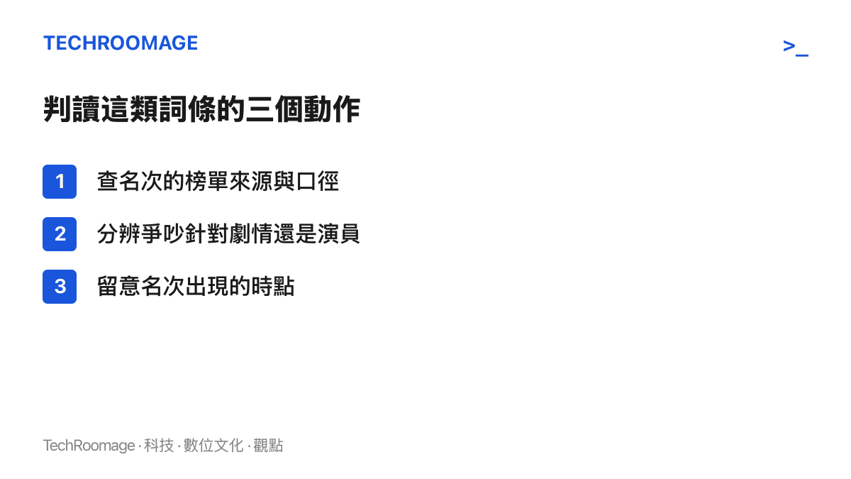 清單圖列出判讀熱榜詞條的三個檢查動作：確認名次出自哪張榜單與統計口徑、分辨爭議針對劇情或演員本人、注意名次出現在更新衝榜期或長尾期