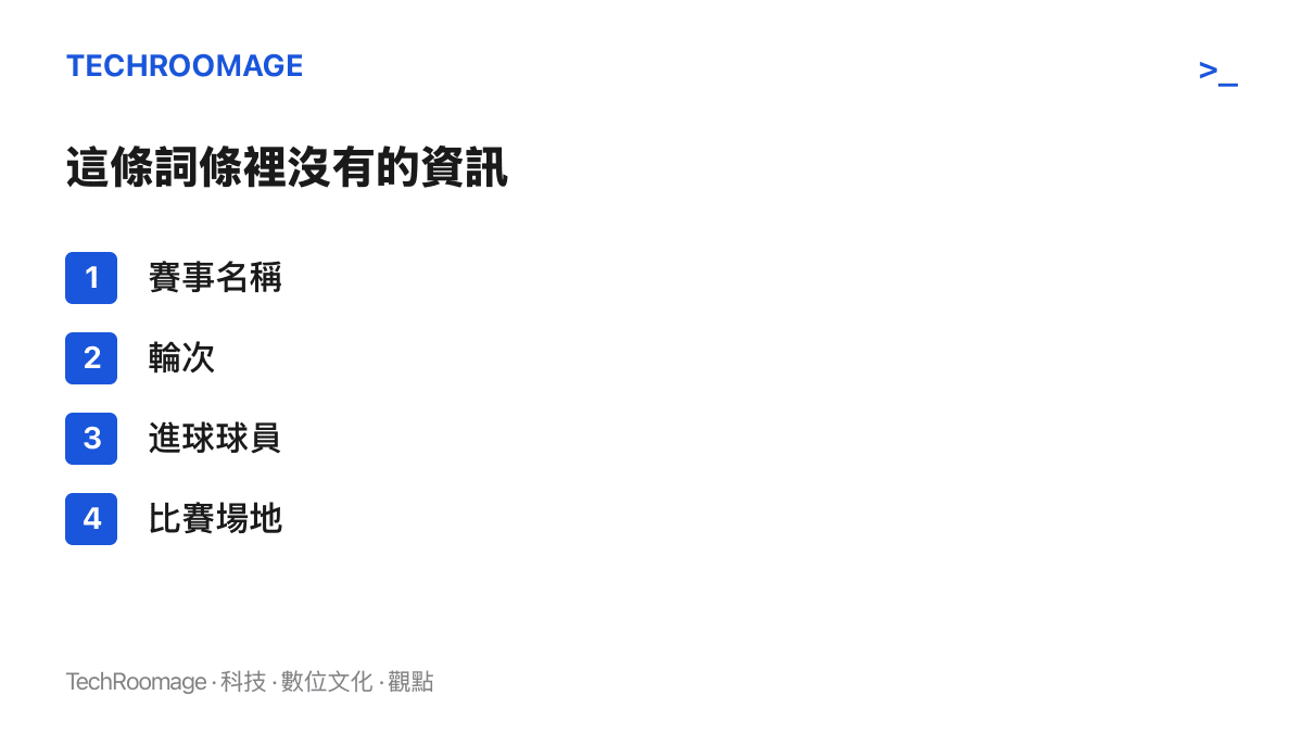 清單列出這條比數詞條未寫出的四項資訊，包含賽事名稱、輪次、進球球員與比賽場地
