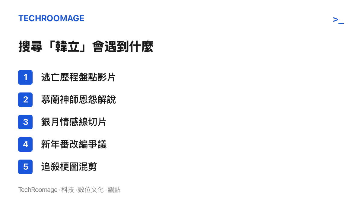 清單圖卡列出B站搜尋韓立的五類內容：逃亡歷程盤點、慕蘭神師恩怨解說、銀月情感切片、新年番變味討論，以及十六秒追殺梗圖混剪