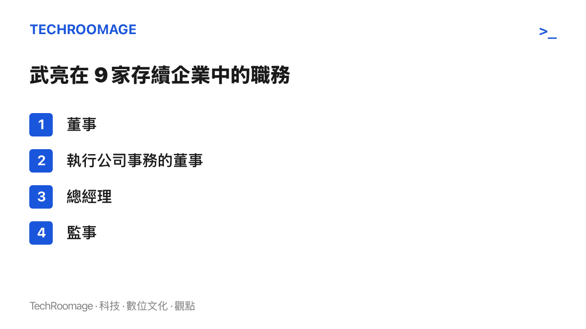 清單圖卡列出武亮在九家仍在營運的企業中擔任的四類職務：董事、執行公司事務的董事、總經理與監事，顯示其經營權完整而股權缺席