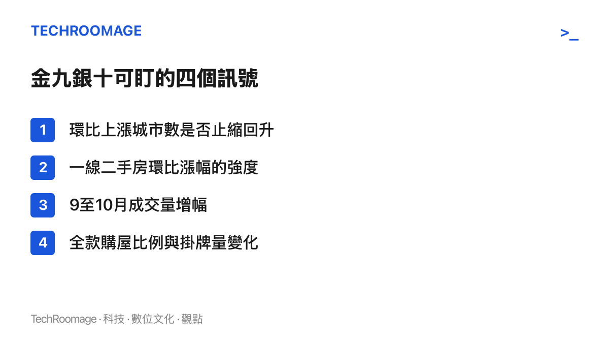 清單列出判斷樓市回暖能否擴散的四個觀察訊號，包括上漲城市數、一線漲幅強度、旺季成交量與全款購屋比例
