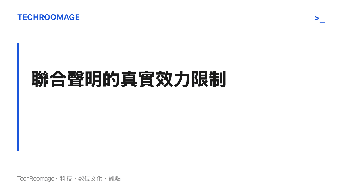段落標題卡片說明聯合國聯合聲明不具備強制法律效力且其力量僅來自集體聲望的累積