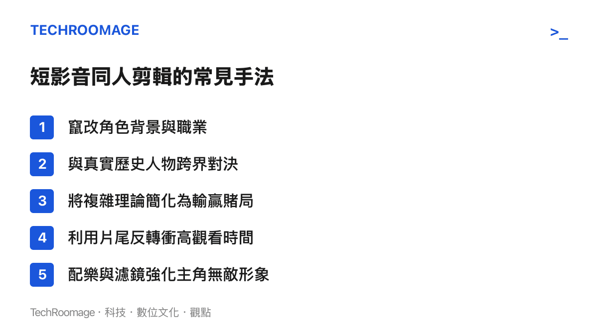 列舉短影音平臺上常見的同人剪輯手法，包含竄改角色背景與簡化理論賭局等五個項目