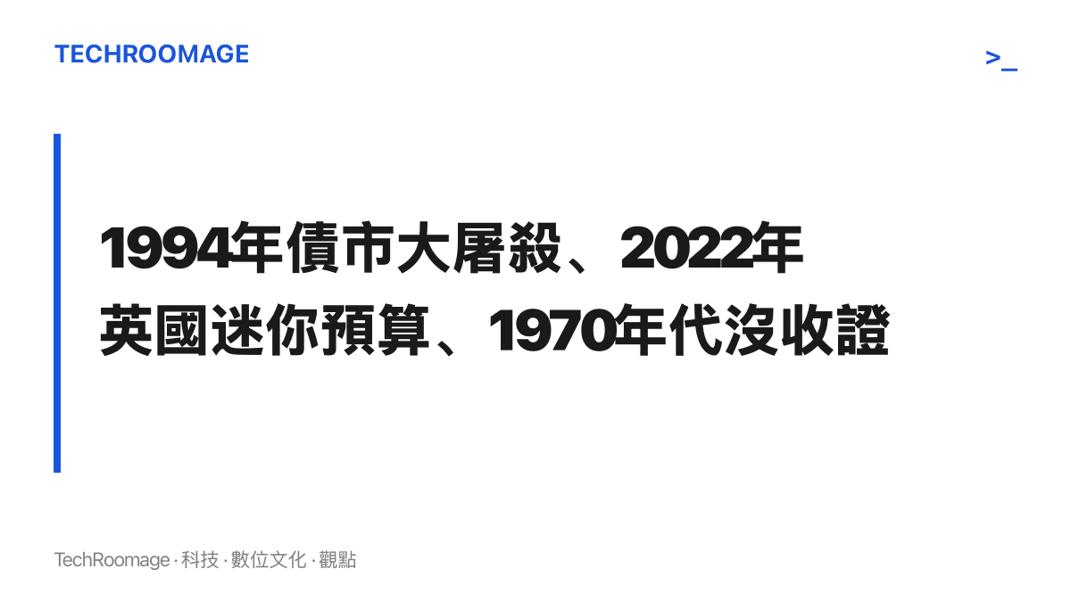 圖卡列舉1994年美國債市大屠殺、2022年英國迷你預算引發的金邊公債危機，以及1970年代通膨時期的債券空頭，作為本波全球長債拋售的歷史對照