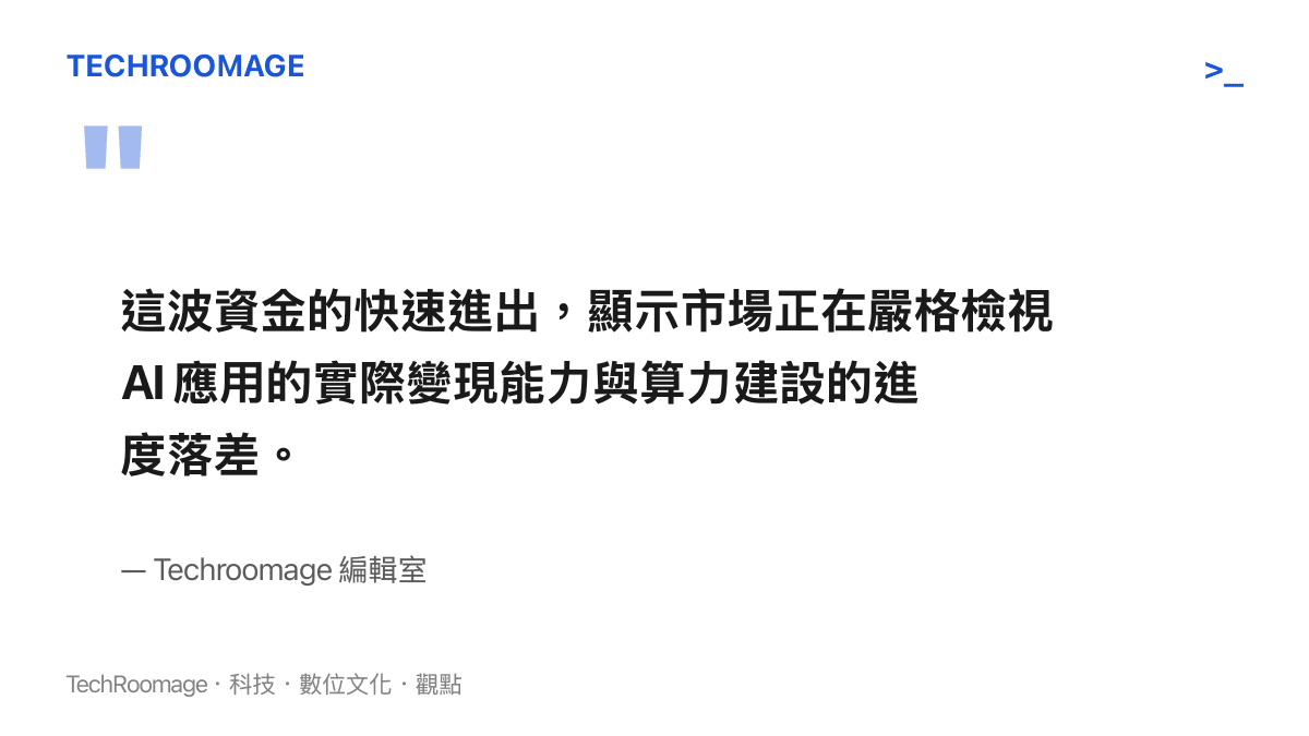 引述編輯室對於市場資金正在嚴格檢視 AI 應用變現能力與算力建設進度落差的分析觀點